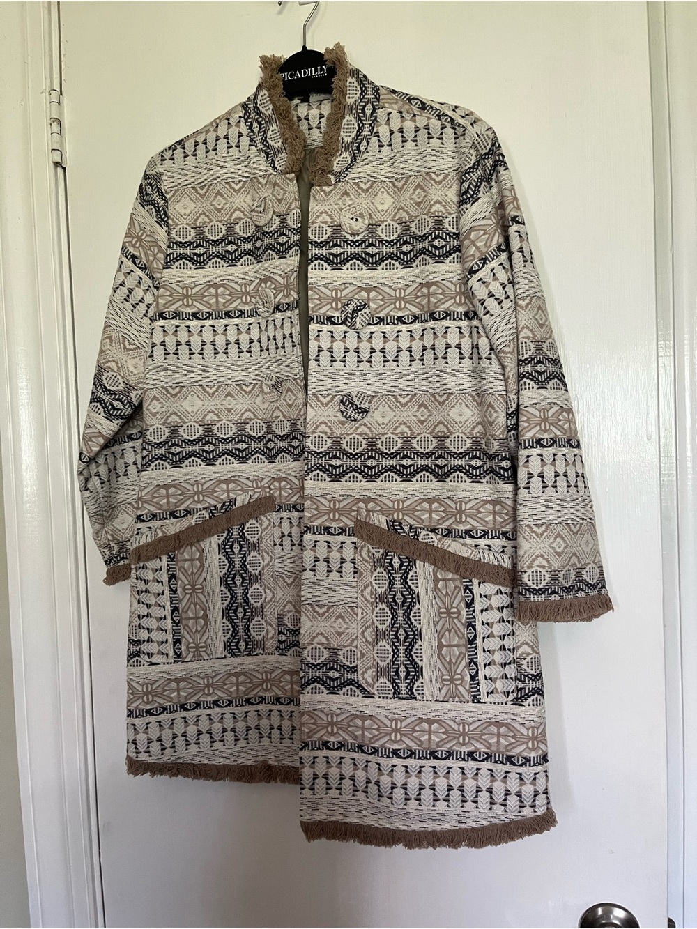 Beige Patterned Fringe Coat - Women's Jacket & Coat